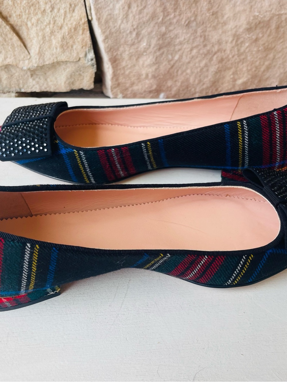 J. Crew Tartan Plaid Pointed Toe Crystal Bow Flats - Picture 6 of 8